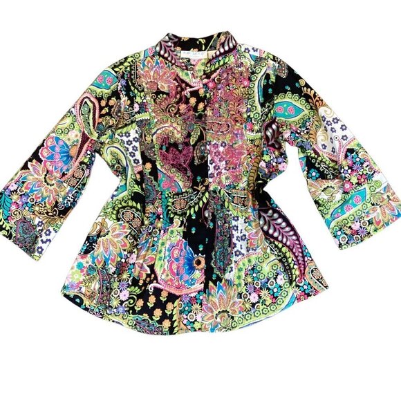 Bleu Bayou Boho Hippie Colorful Pleated Beaded Cotton Top L #328D - Picture 2 of 10